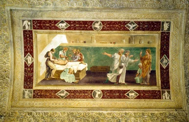 Escena de un médico atendiendo a un hombre enfermo, pintura del techo del Giardino Segreto